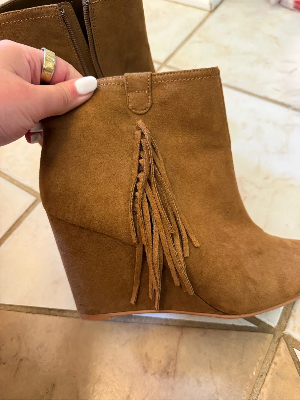 MIA designer Suede Fringe Wedge Booties in Tan